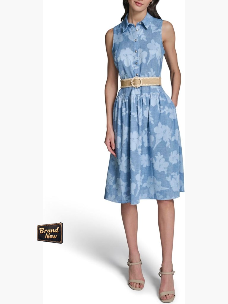 Sleeveless Collared Floral Denim Belted Midi Dress